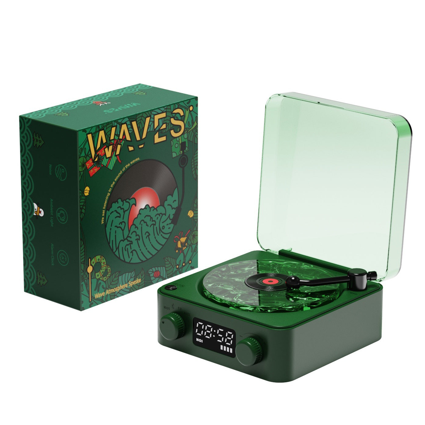 Green wave-themed record player with transparent lid and matching packaging box