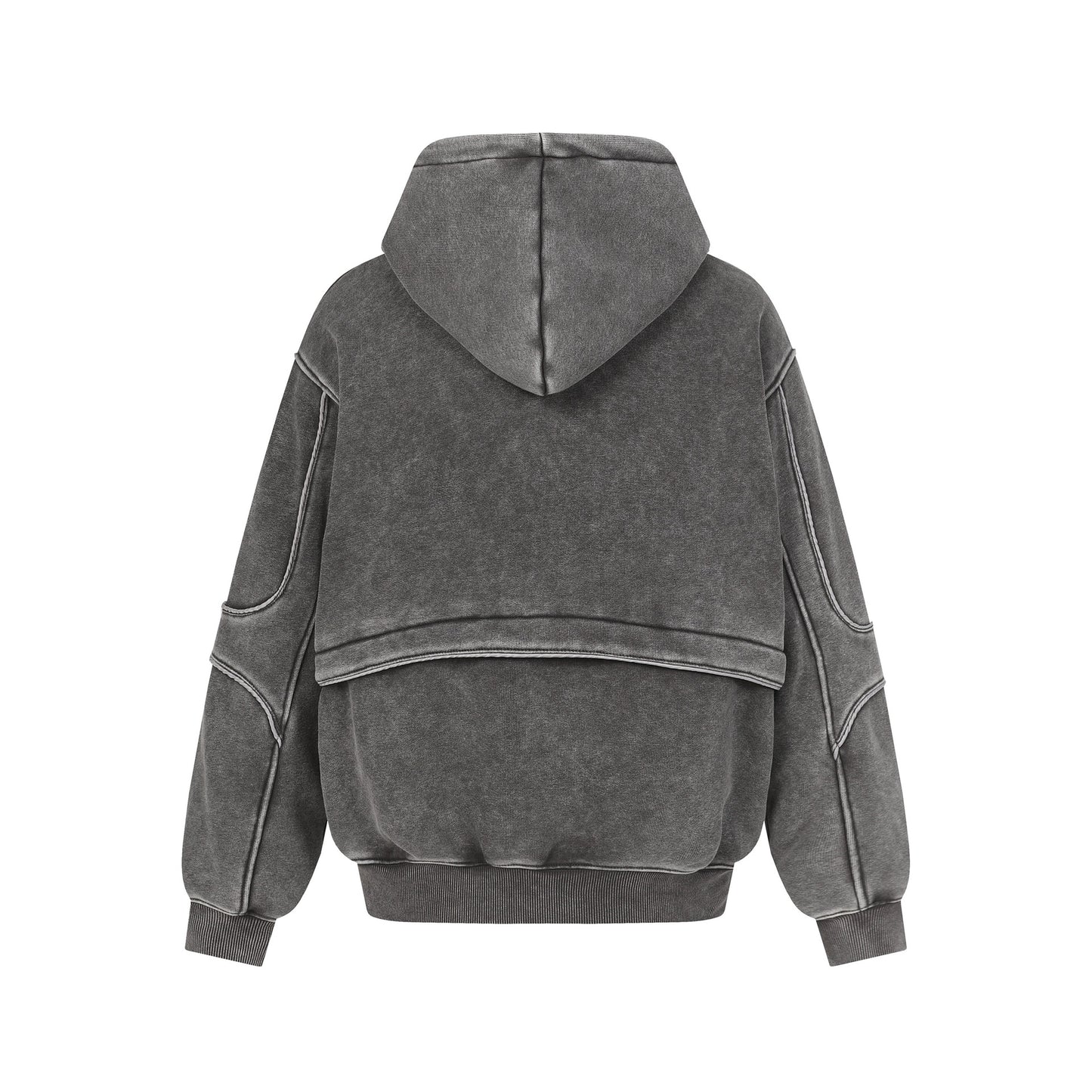 Back view of a gray washed oversized hoodie with stitched panel details and ribbed cuffs