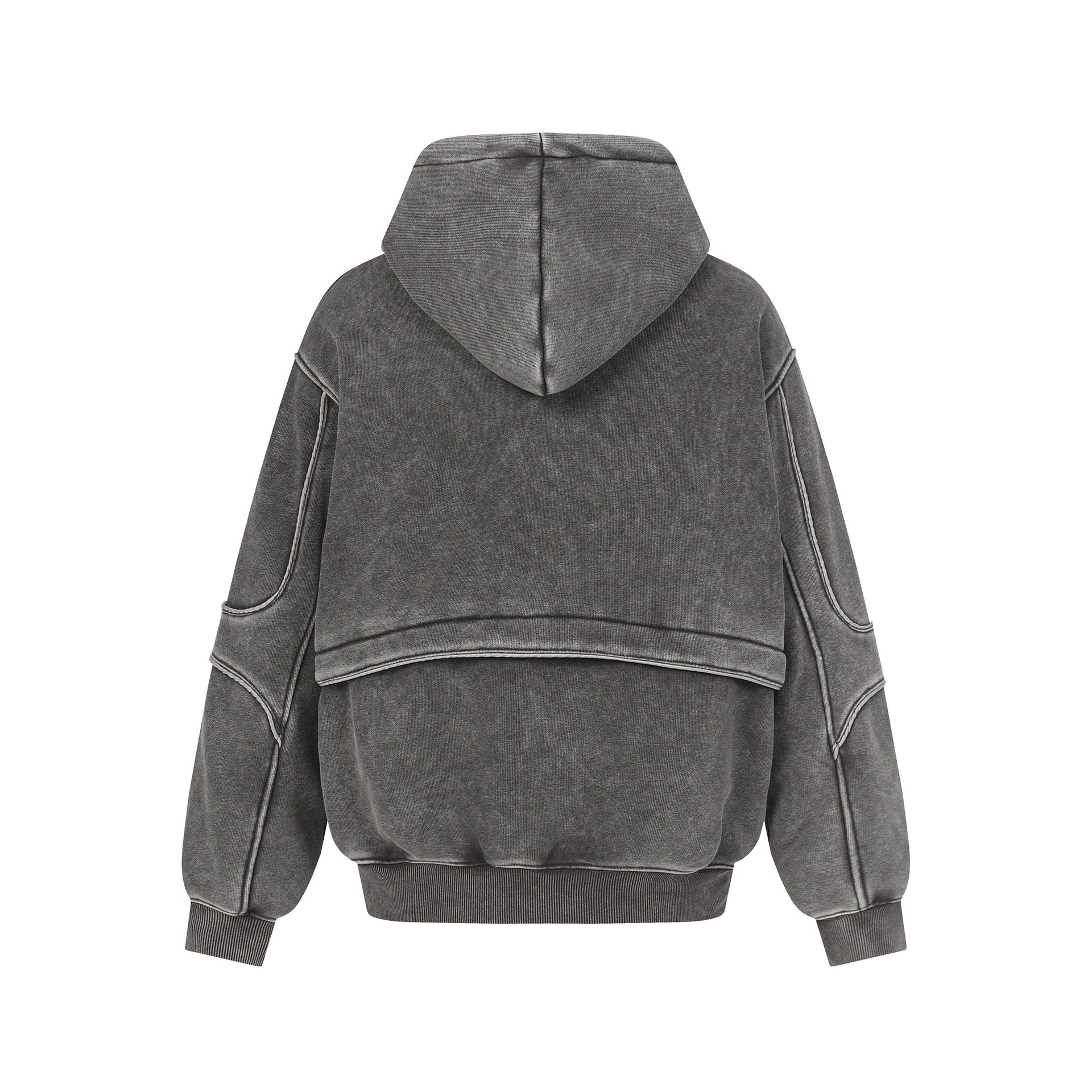 Back view of a gray washed oversized hoodie with stitched panel details and ribbed cuffs
