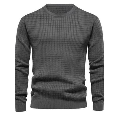 Gray men's textured knit sweater with square pattern and ribbed cuffs and hem