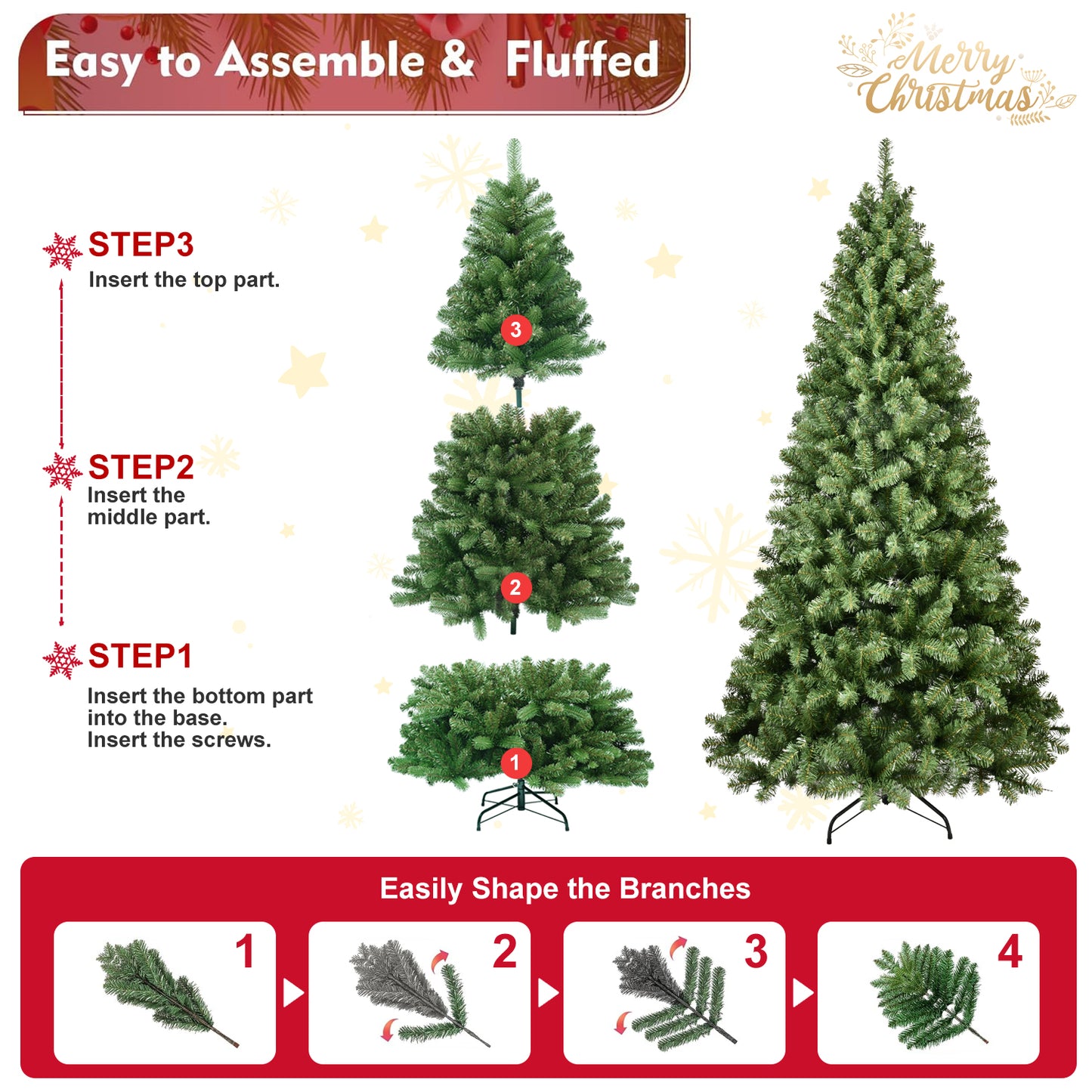 Step-by-step assembly and fluffed artificial Christmas tree with shaped branches shown in three sections
