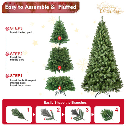Step-by-step assembly and fluffed artificial Christmas tree with shaped branches shown in three sections