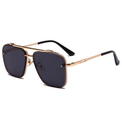 gold frame square dark lens sunglasses with black temple tips isolated on white