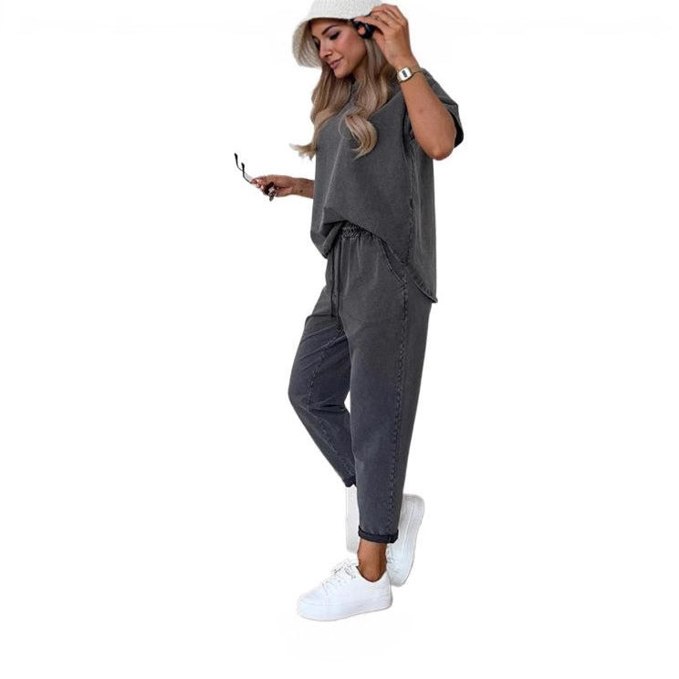 Casual Cropped Pants Set - Women's Two Piece Outfit With Pocket Detail