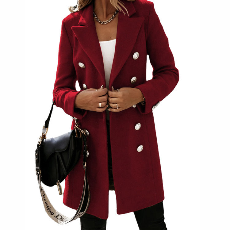 Women Woolen Coat - Double Breasted Turndown Collar Jacket For Autumn Winter