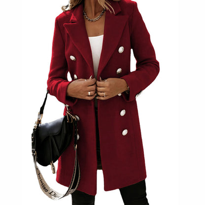 Women Woolen Coat - Double Breasted Turndown Collar Jacket For Autumn Winter