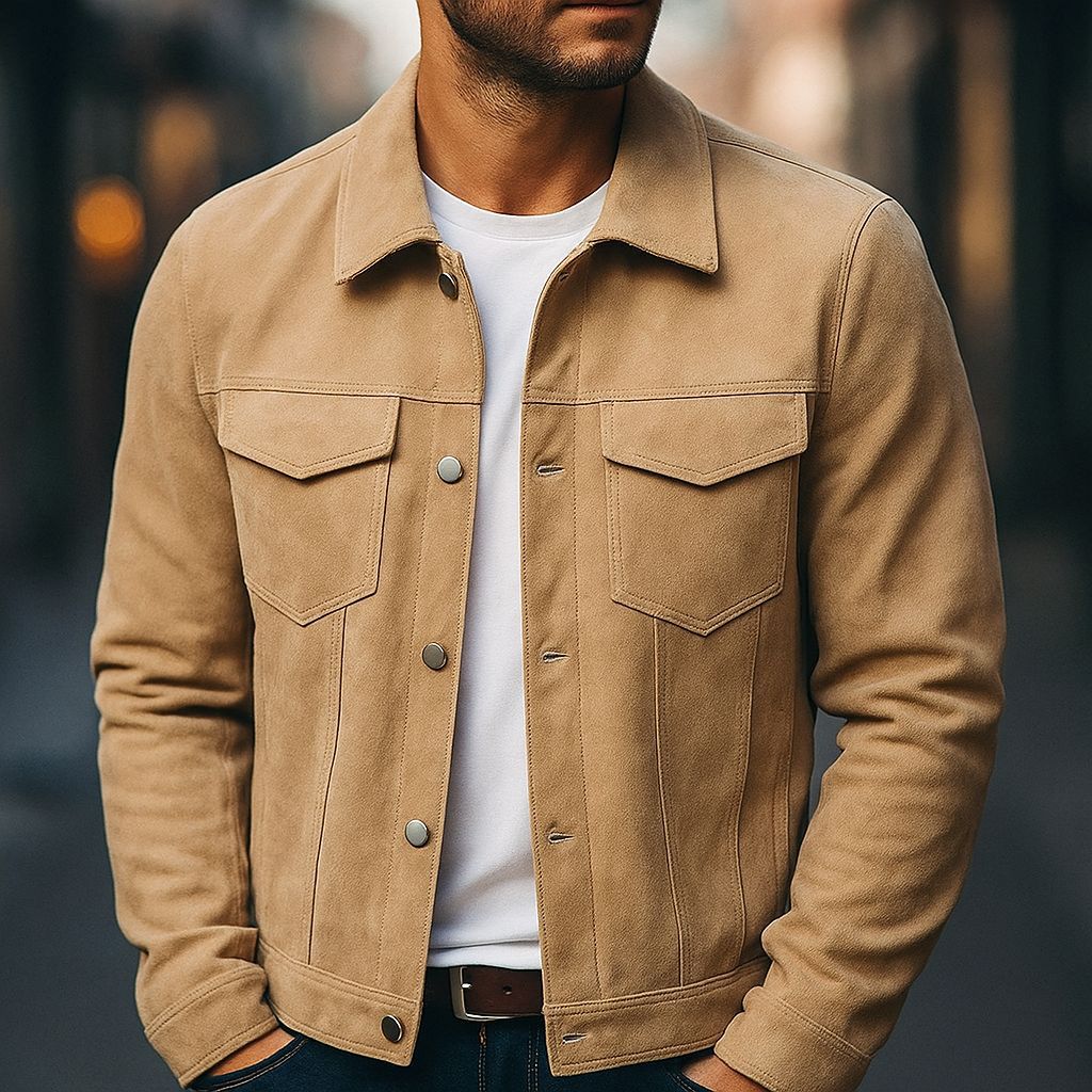 Man wearing beige suede jacket with front pockets and button closure over white t-shirt