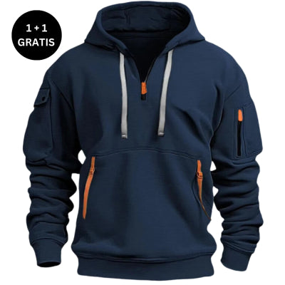 Navy blue half-zip hoodie with orange zipper pulls, front pockets, and sleeve pockets, 1+1 free offer