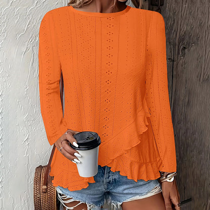 Women Eyelet Tops - Long Sleeve Blouse With Ruffle Hem | Lightweight Summer Workwear