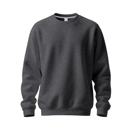 Plain dark gray crewneck sweatshirt with long sleeves and ribbed cuffs