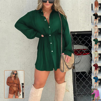 Women's Long Sleeve Jumpsuit - Lace-Up Button Shirt Dress, Stylish Spandex