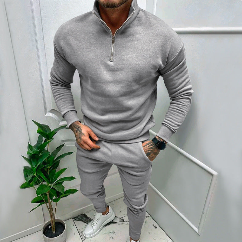 Men's Fleece Suit - Casual Solid Color Top & Trousers Set | Cotton Blend Winter Wear