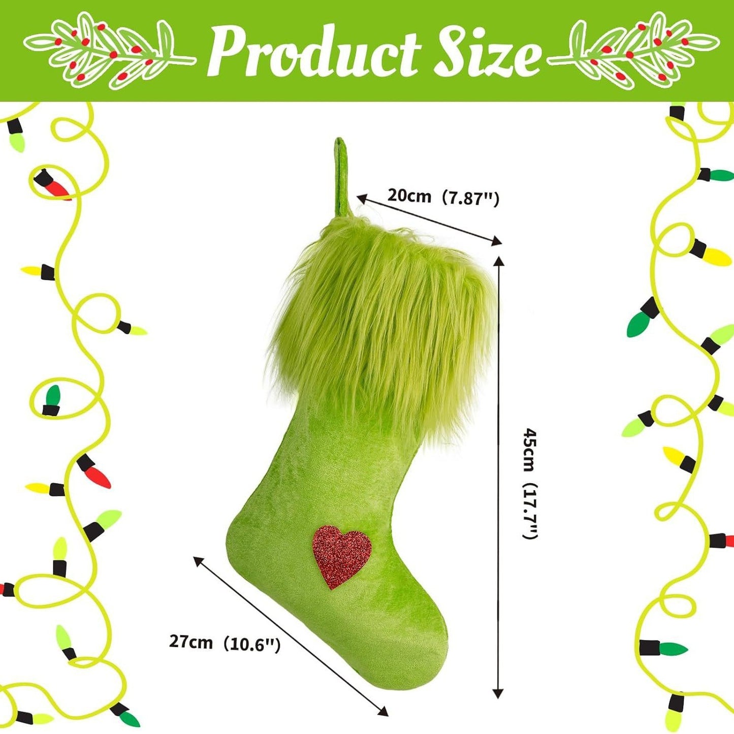 Green Christmas stocking with furry cuff and red heart, measuring 45x27 cm, holiday decor