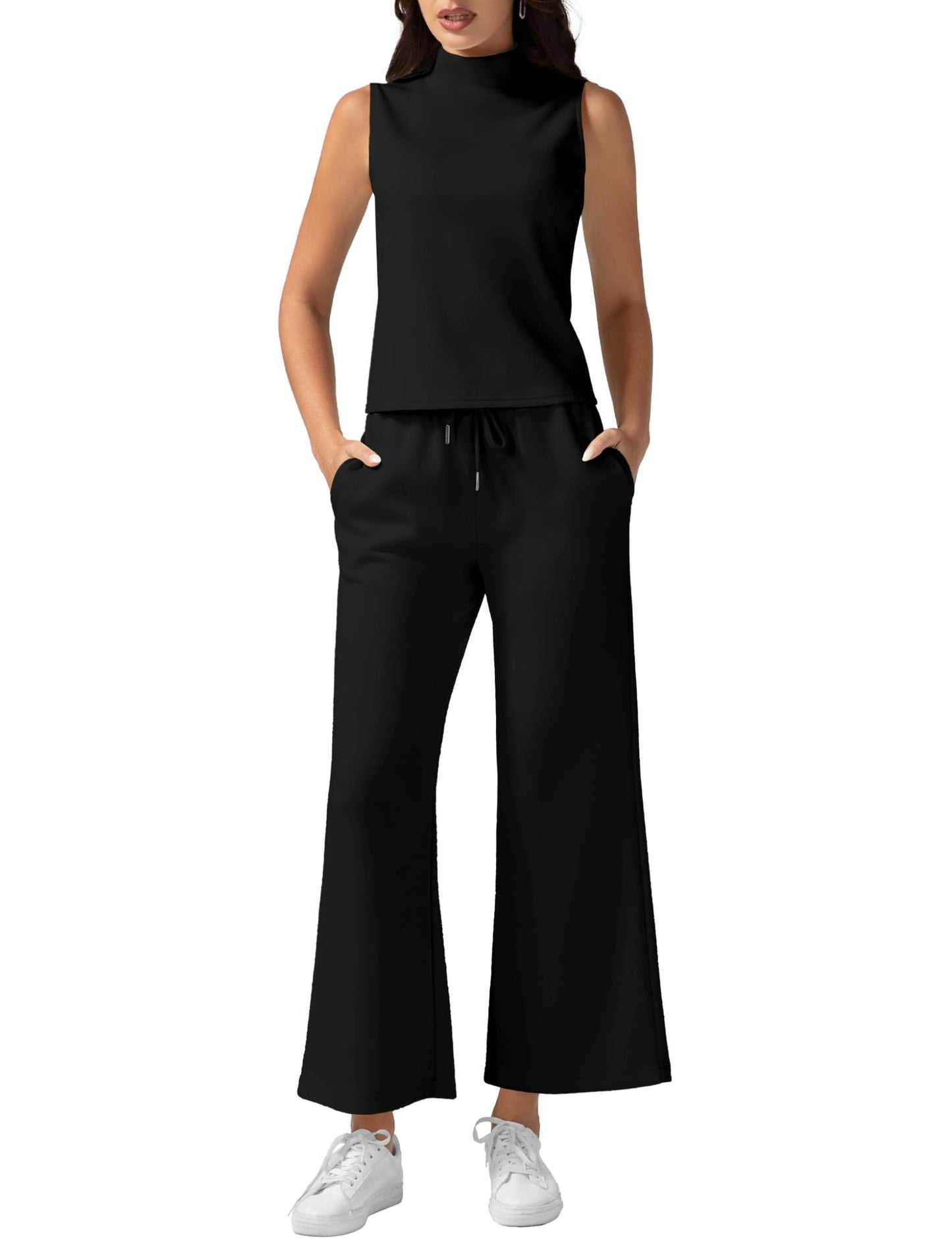 Women's Vest Pants Set - Wide Leg Cropped Pants & Sleeveless Vest Top