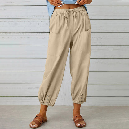 Cotton Linen Pants - Women's Drawstring Waist Trousers With Pockets & Buttons