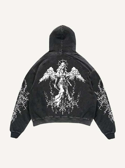 Black hooded sweatshirt with white angel graphic and lightning bolt prints on sleeves