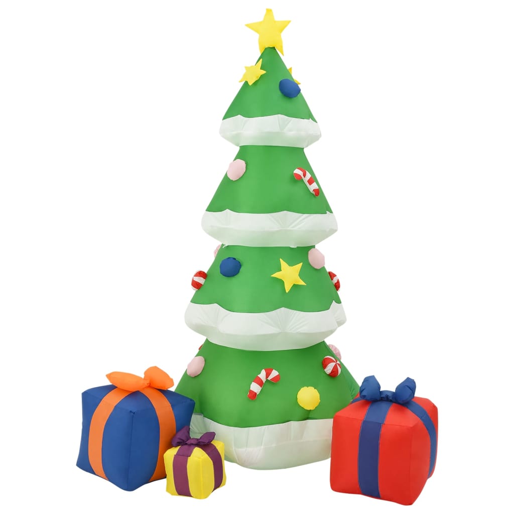 Inflatable green Christmas tree decorated with stars and candy canes, surrounded by colorful gift boxes