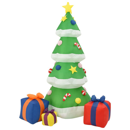Inflatable green Christmas tree decorated with stars and candy canes, surrounded by colorful gift boxes