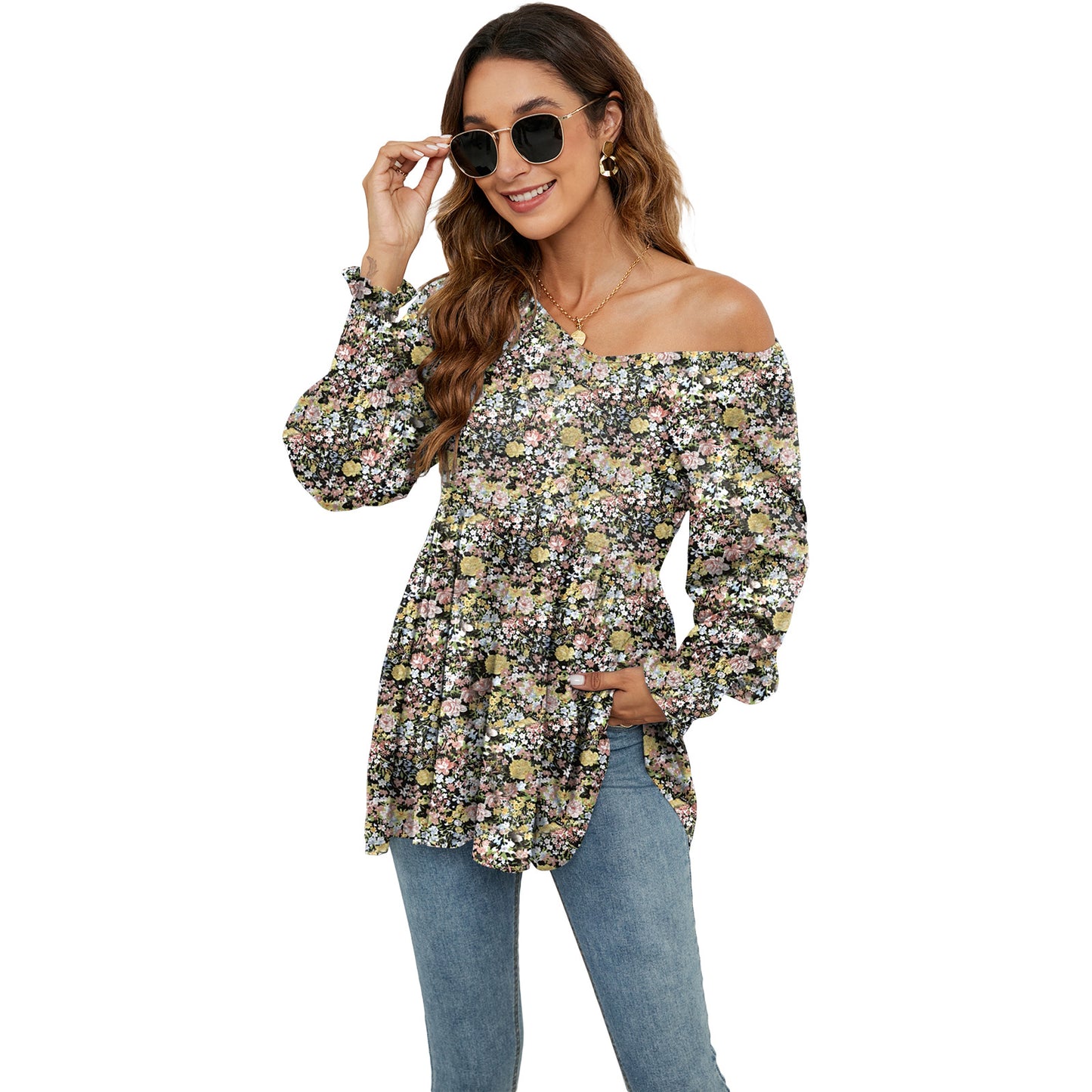 Long Puff Sleeve Tops Women’s Floral Blouse | Casual V Neck Shirt | Cotton Babydoll Tee