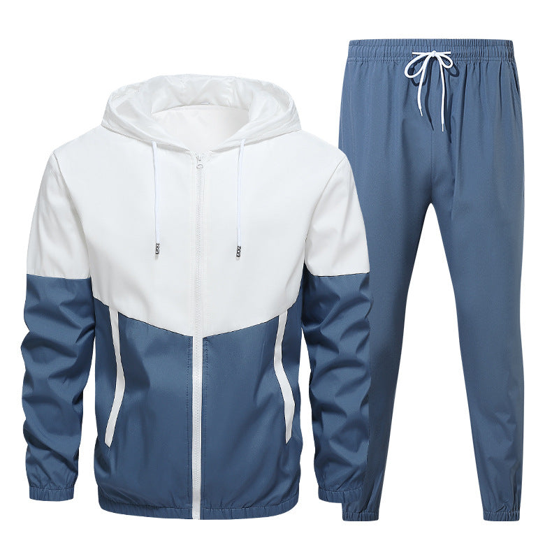 Men's two-tone white and blue zip-up hooded jacket and blue drawstring jogger pants set
