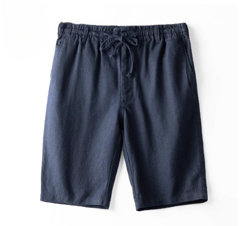 Men's navy blue casual shorts with elastic waistband and drawstring on white background