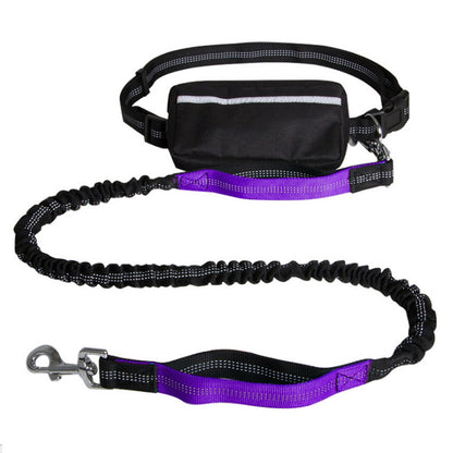 Black and purple reflective dog leash with padded waist belt and bungee shock absorber