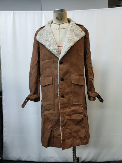 Brown suede long coat with white sherpa lining displayed on a dress form against a white backdrop