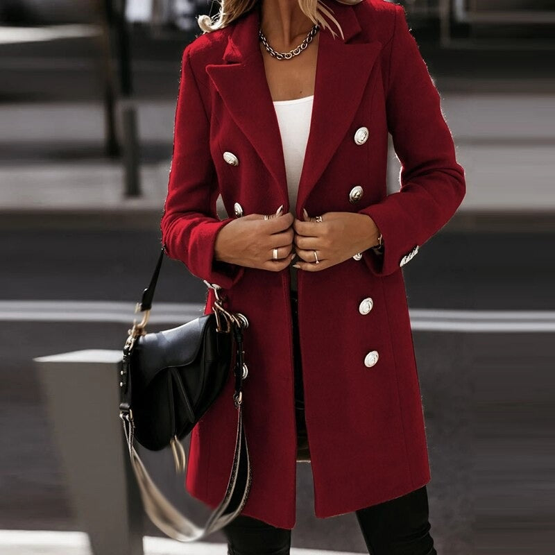 Women Woolen Coat - Double Breasted Turndown Collar Jacket For Autumn Winter