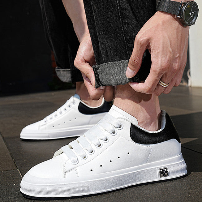 Men White Casual Shoes | Leather Soft Bottom Board Shoes With Rubber Sole