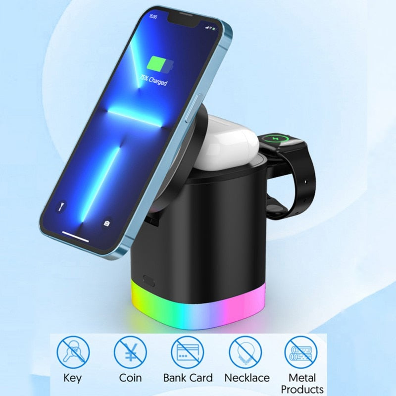 black wireless charging station with RGB light base charging a smartphone, wireless earbuds, and a smartwatch