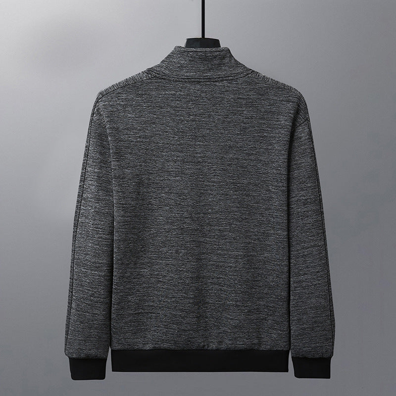 Back view of a gray heathered zip-up jacket with black cuffs and waistband on a hanger