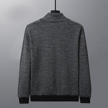 Back view of a gray heathered zip-up jacket with black cuffs and waistband on a hanger