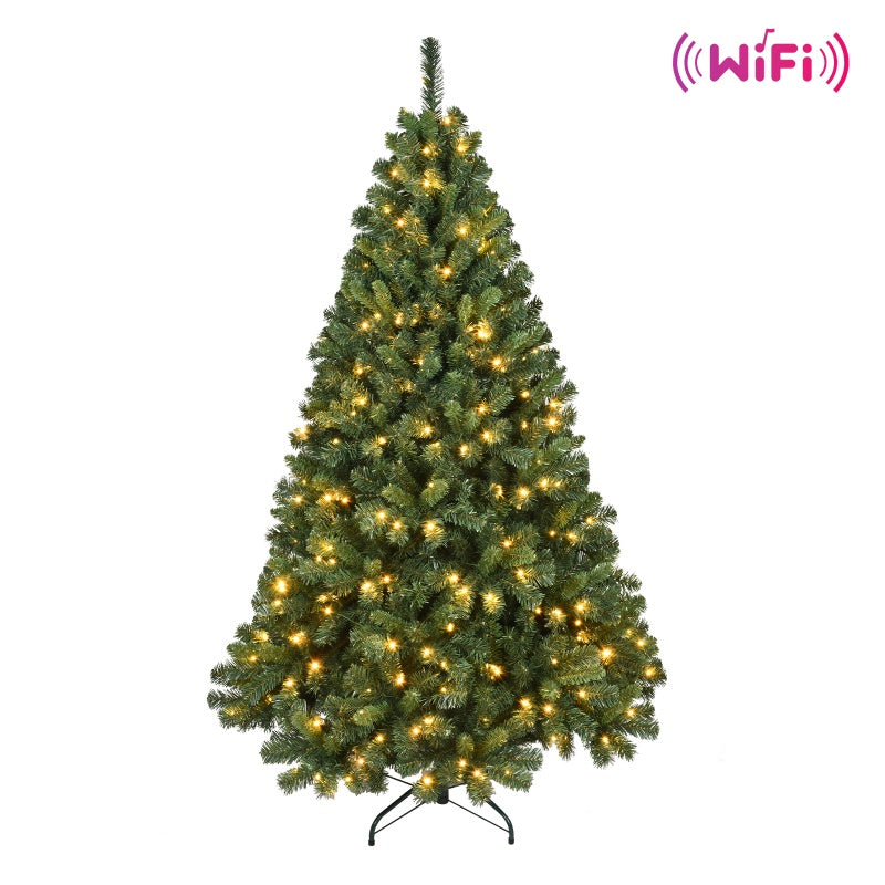 Green artificial Christmas tree with warm white WiFi-enabled LED lights on metal stand