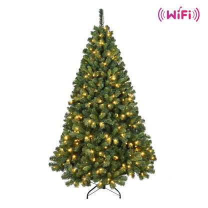 Green artificial Christmas tree with warm white WiFi-enabled LED lights on metal stand