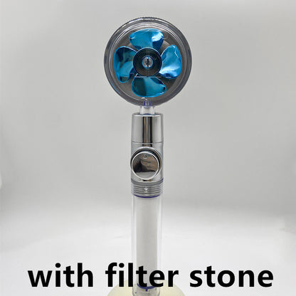 Handheld shower head with blue fan blade and built-in filter stone on white background