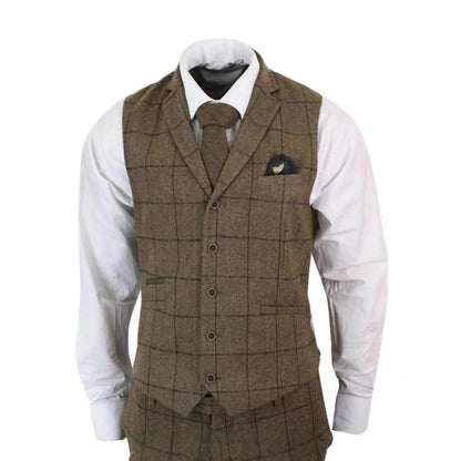 Brown checkered tweed waistcoat with matching tie and white dress shirt on mannequin