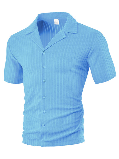 Men's light blue short sleeve button-up ribbed polo shirt with collar