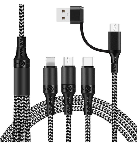 Black and white braided multi-device charging cable with USB-A and three connector types