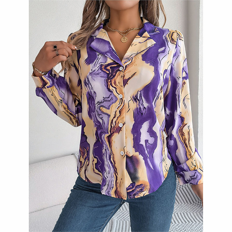 Printed Button Down Shirt - Women's Fall Tops With V Neck & Long Sleeves