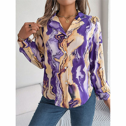 Printed Button Down Shirt - Women's Fall Tops With V Neck & Long Sleeves