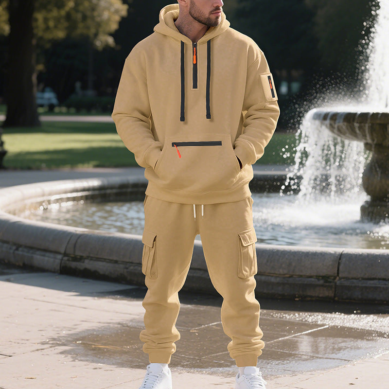 Men's Sports Hoodie Set - Polyester Fiber Two-Piece Tracksuit with Multi-Pocket Zipper Jacket