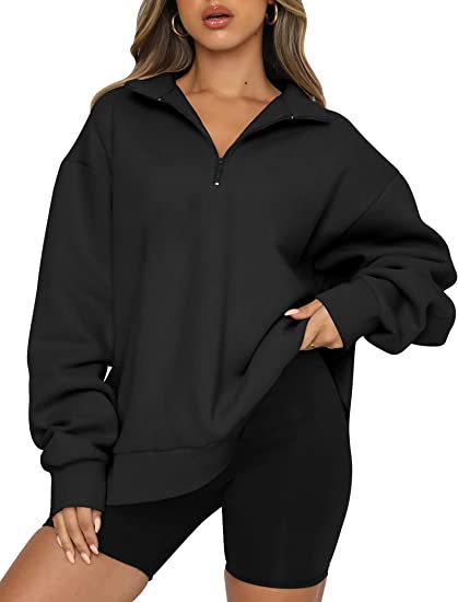 Women Zip Sweatshirt - Loose Pullover With Turndown Collar | Casual Tops