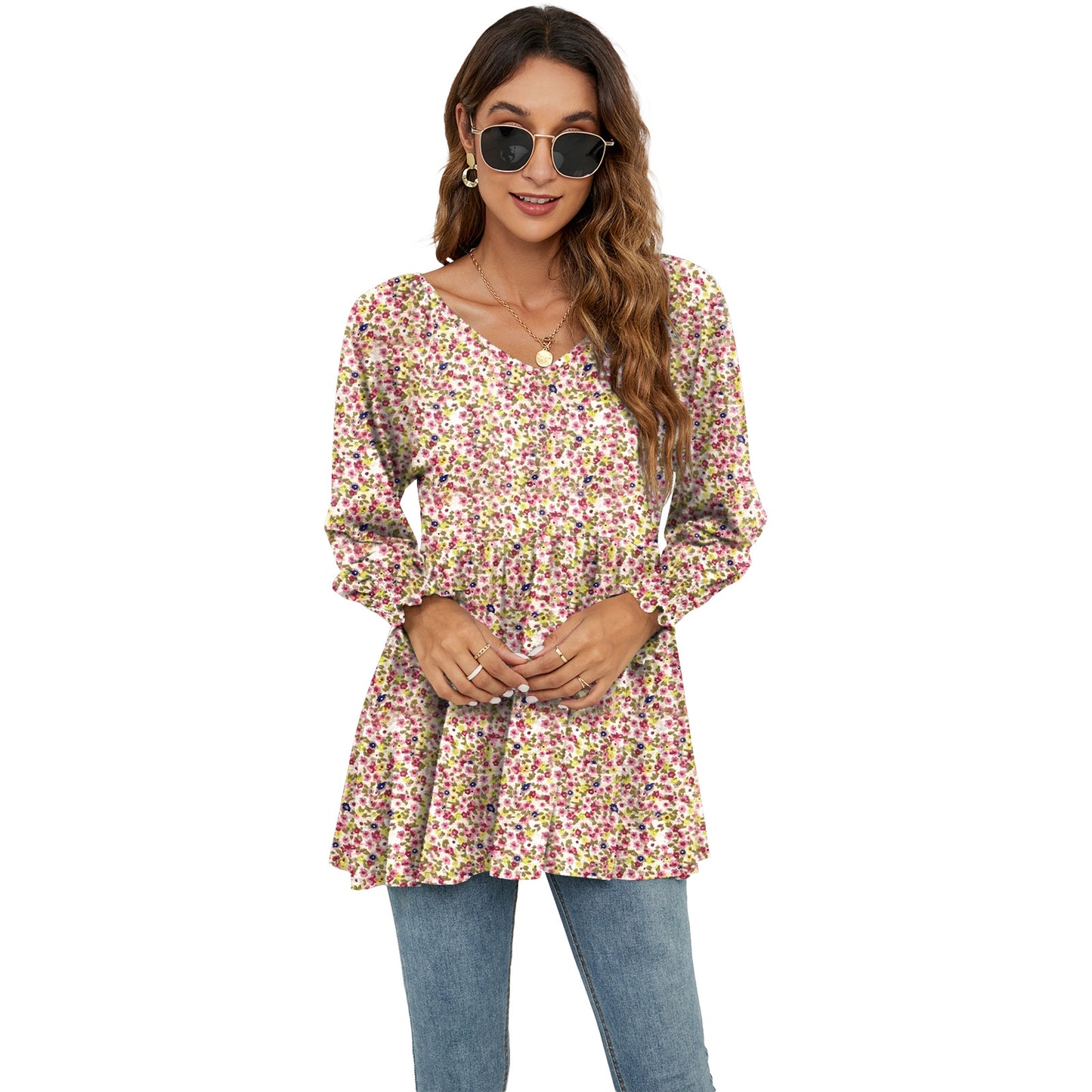Long Puff Sleeve Tops Women’s Floral Blouse | Casual V Neck Shirt | Cotton Babydoll Tee