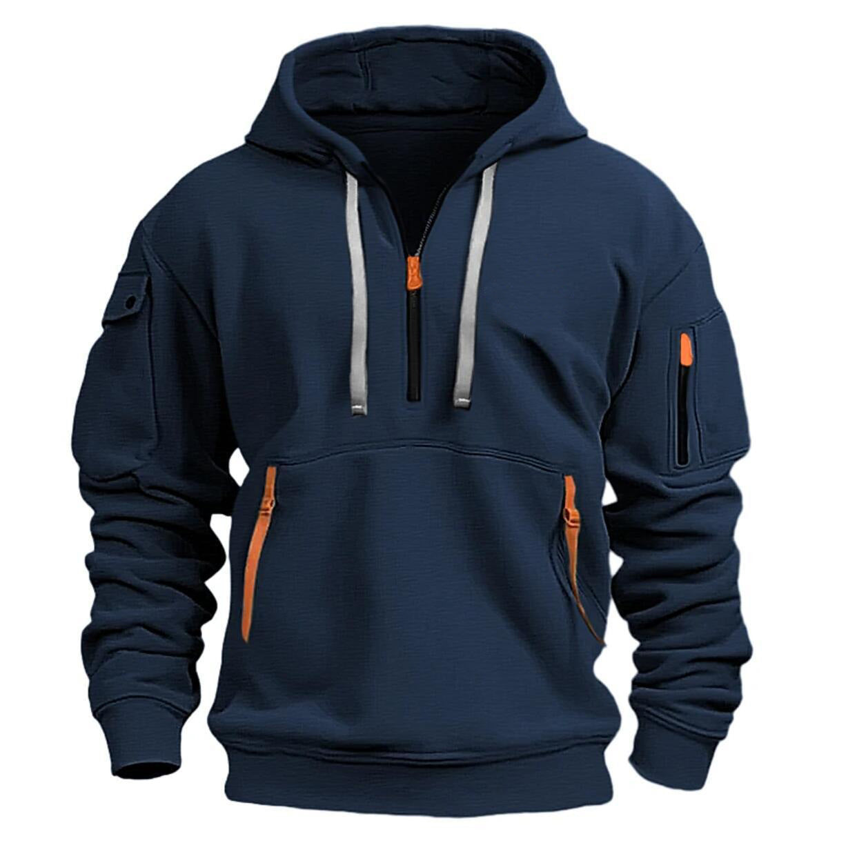 Navy blue hooded sweatshirt with front zipper and orange accented pockets and sleeve zipper