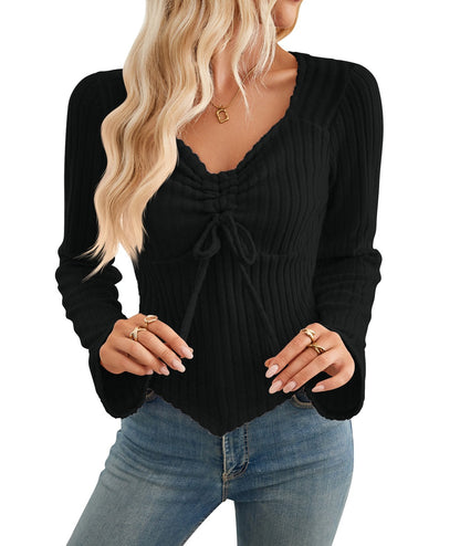 Women's Ruffled Long Sleeve Striped Cropped Top T-Shirt