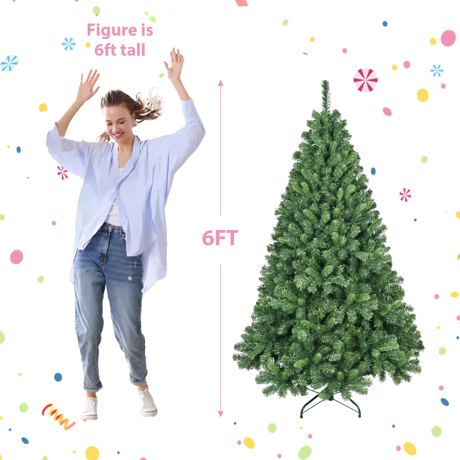 Six-foot artificial Christmas tree next to a 6ft tall woman for size comparison