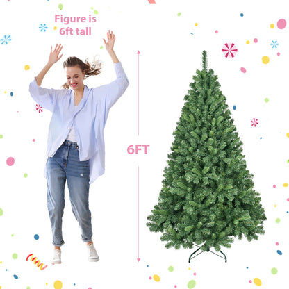 Six-foot artificial Christmas tree next to a 6ft tall woman for size comparison