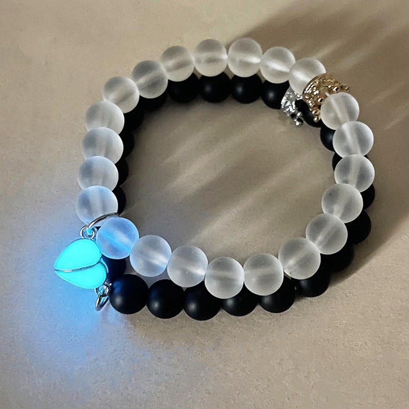 Handmade Beaded Bracelet – Glow In Dark Couple Charm Crown Wristband