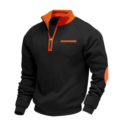 Black pullover sweatshirt with orange collar lining, chest pocket trim, and elbow patch, half-zip design