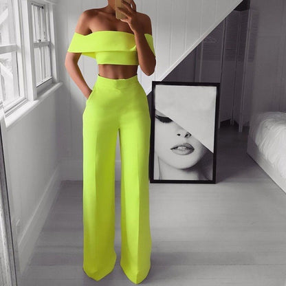Women's Pantsuit Set – Cropped Top Outfit & Wide-Leg Pants | Green Polyester Fiber Clothes